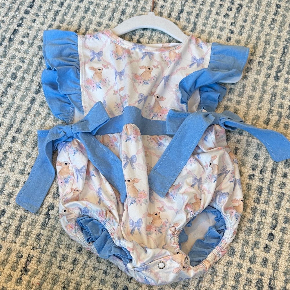 Baby Floral Bunny Romper with Blue Ruffles